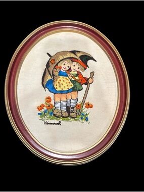 vintage Hummel crewel embroidery piece umbrella children